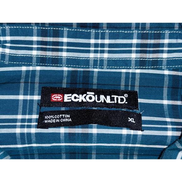 ECKO UNLTD Men's Button‎ Up Shirt Size XL Green Plaid Long Sleeve Cotton Pockets - Picture 10 of 10